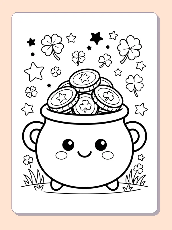 Smiling pot overflowing with coins among shamrocks and stars