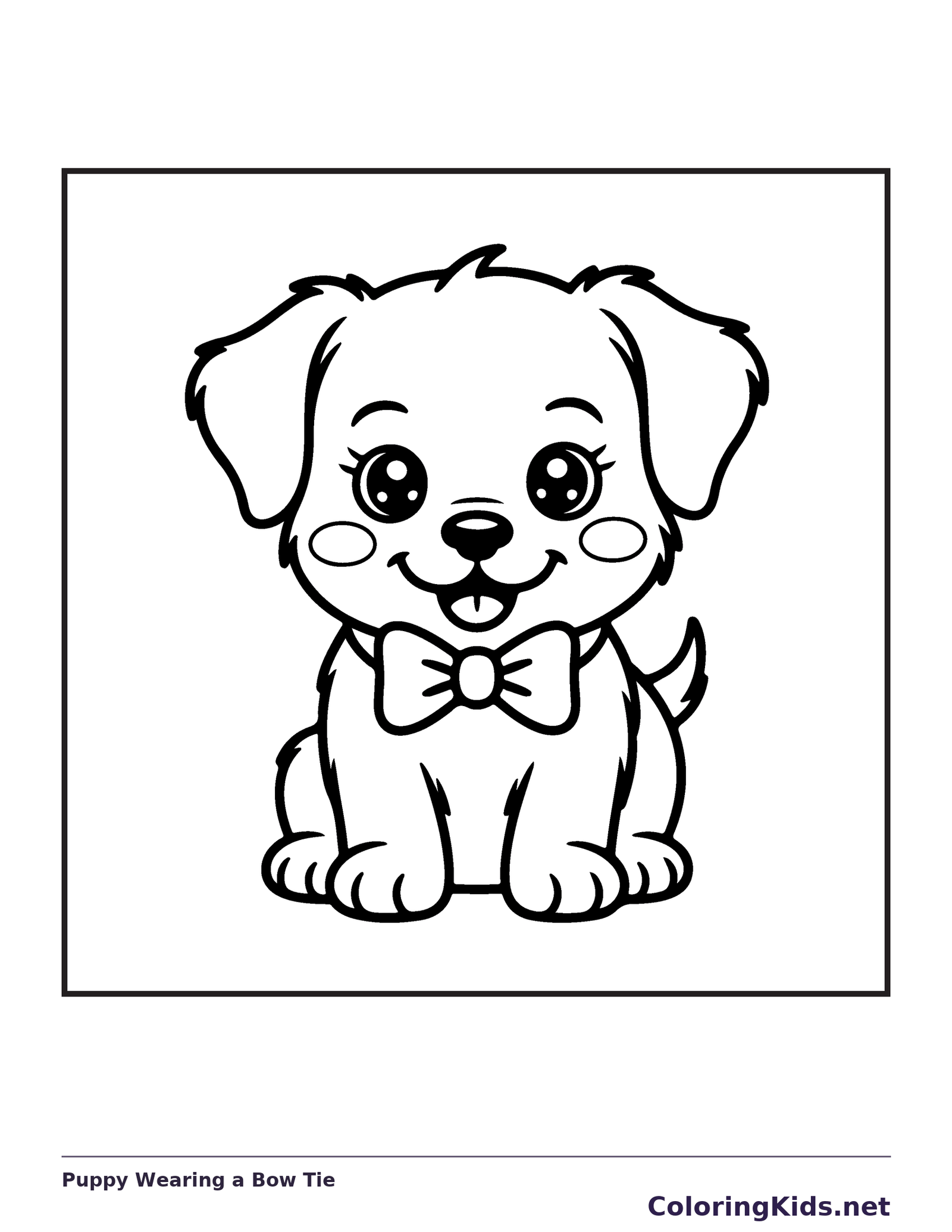 Sitting puppy with a bow tie, wide eyes and small paws