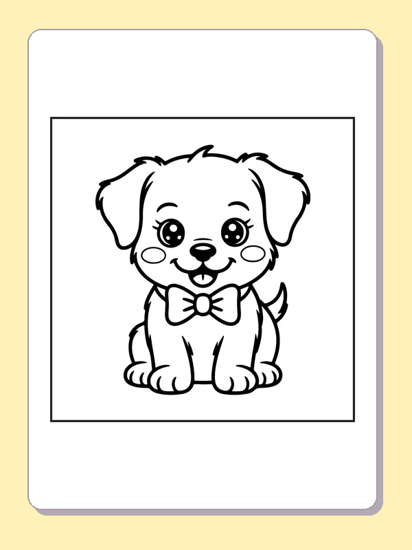 Sitting puppy with a bow tie, wide eyes and small paws