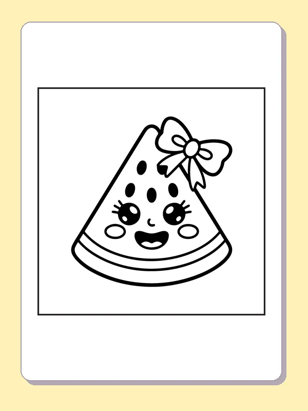 Smiling watermelon slice with seeds, a face and a top bow