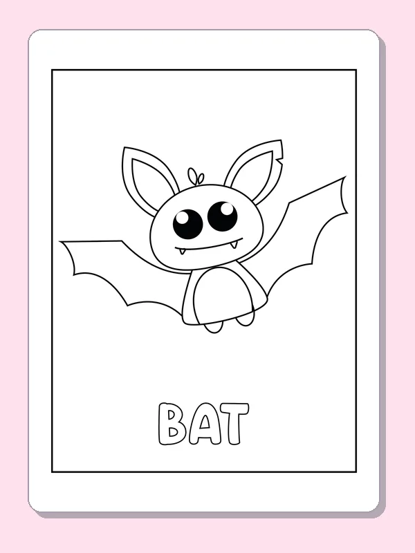 Black and white printable bat with the word bat coloring sheet