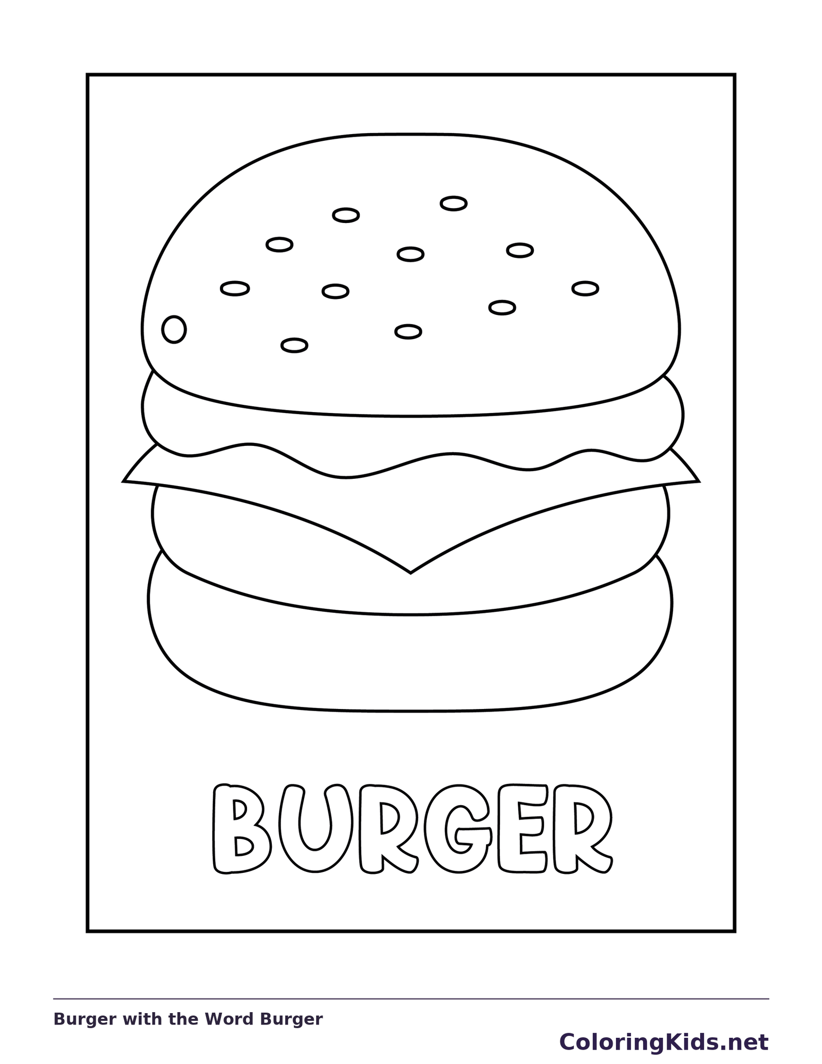 Black and white printable burger with the word burger coloring sheet