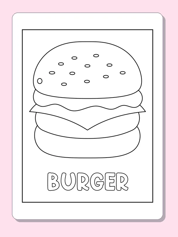 Black and white printable burger with the word burger coloring sheet
