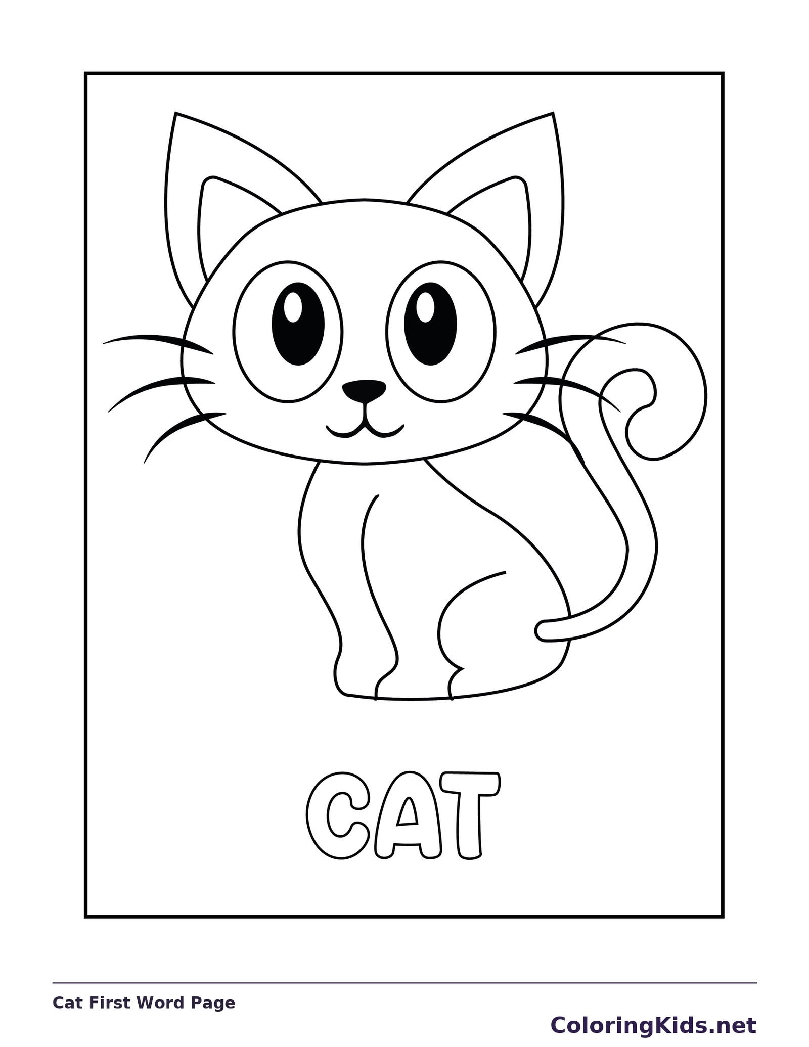 Black and white printable cat first word page coloring sheet