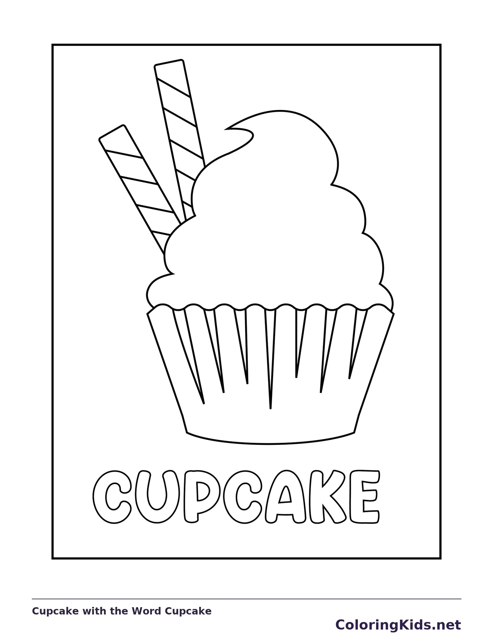 Black and white printable cupcake with the word cupcake coloring sheet