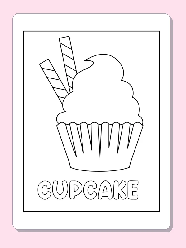 Black and white printable cupcake with the word cupcake coloring sheet
