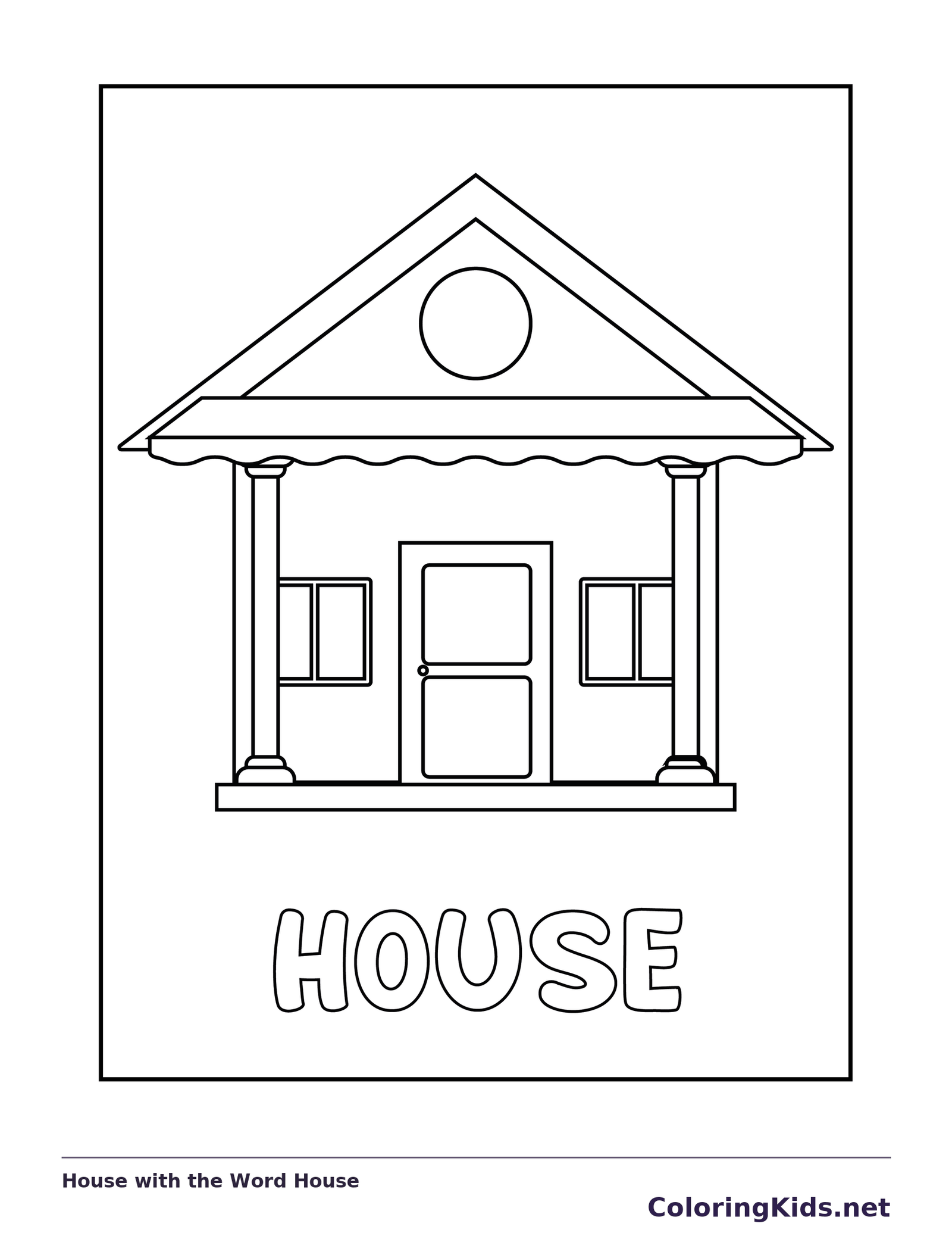Black and white printable house with the word house coloring sheet