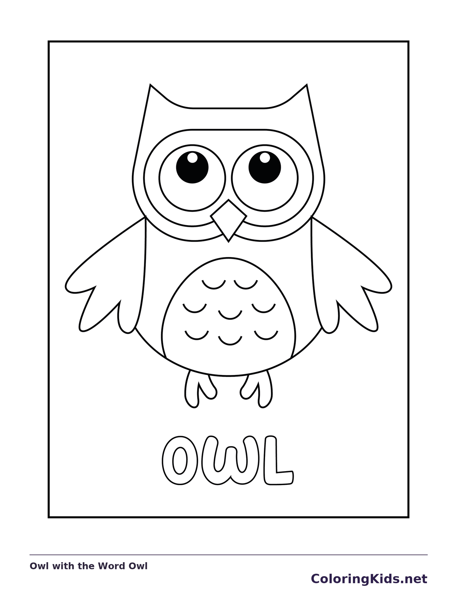 Black and white printable owl with the word owl coloring sheet