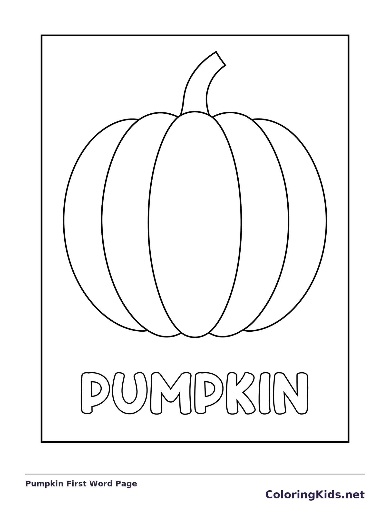 Black and white printable pumpkin first word page coloring sheet
