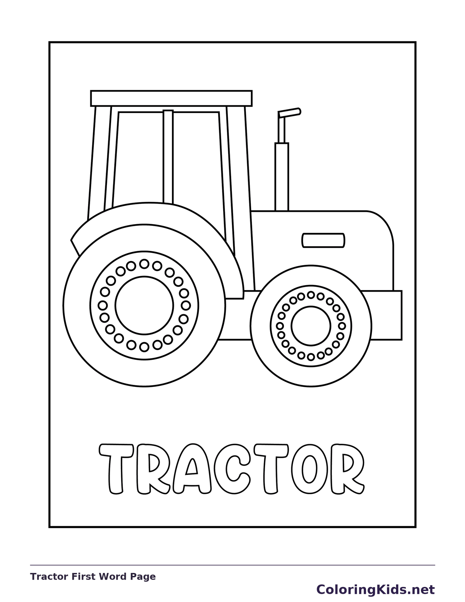 Black and white printable tractor first word page coloring sheet