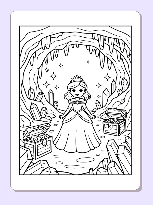 Princess exploring a crystal cave with stones and two treasure chests