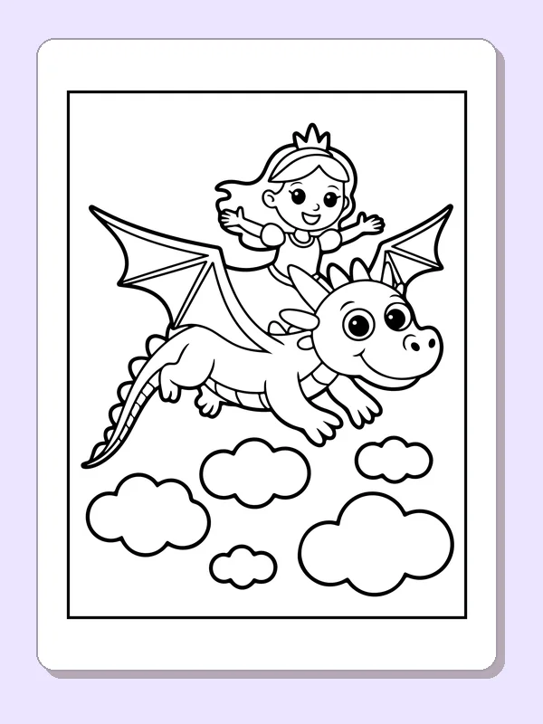 Princess flying on a friendly dragon among large clouds