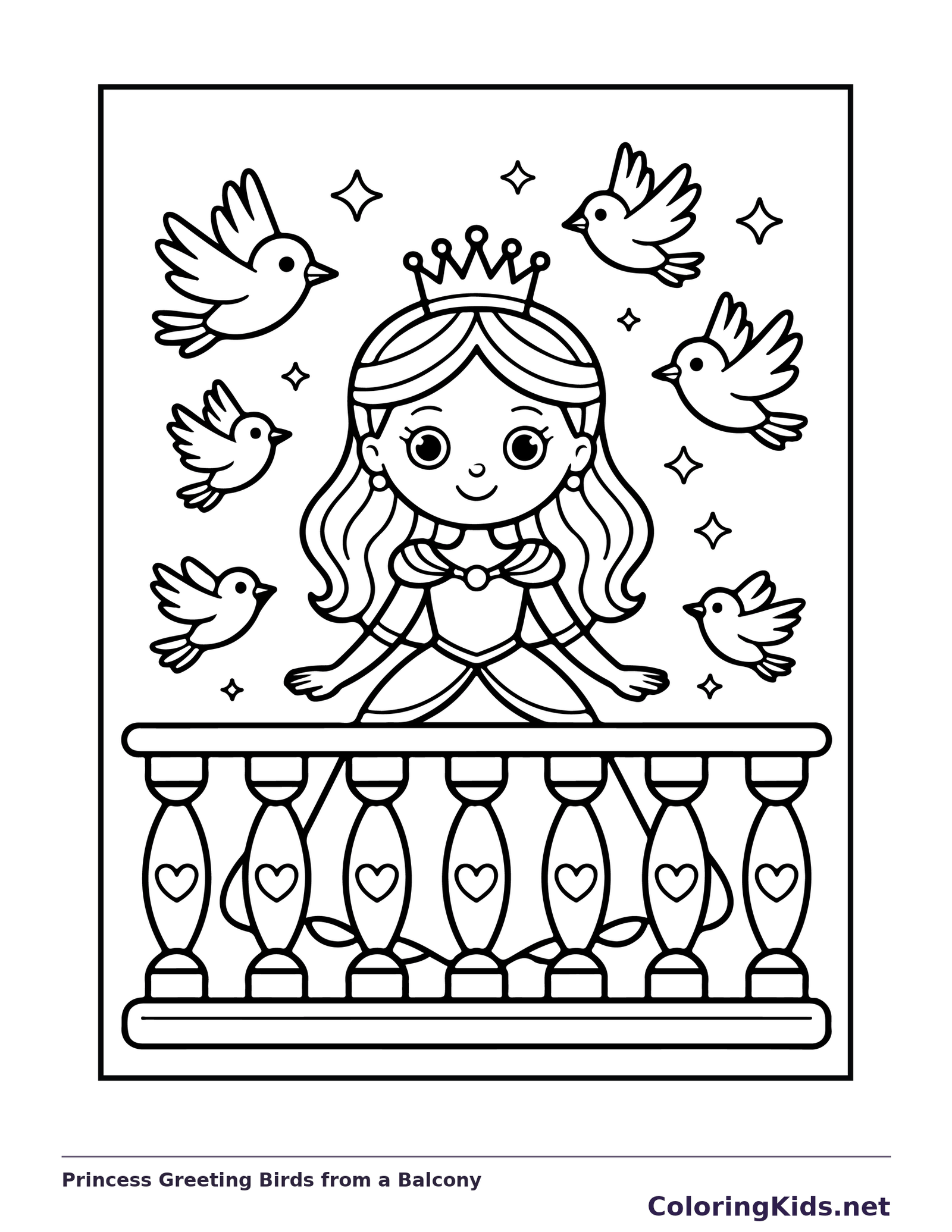 Princess greeting birds from a castle balcony with flowers and rail posts