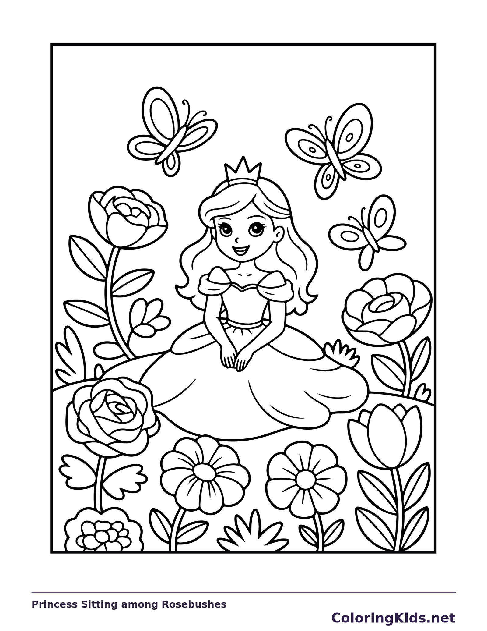 Princess sitting among dense rosebushes with many petals and leaves