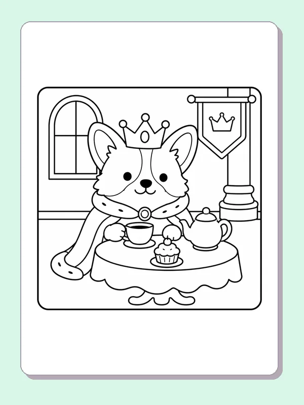 Black and white printable princess corgi at a royal tea party coloring sheet