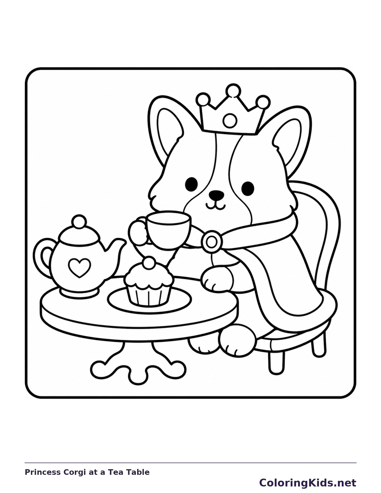 Black and white printable princess corgi at a tea table coloring sheet