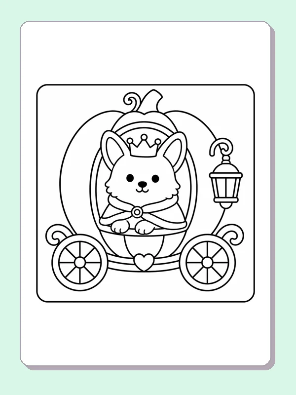 Black and white printable princess corgi in a heart carriage coloring sheet