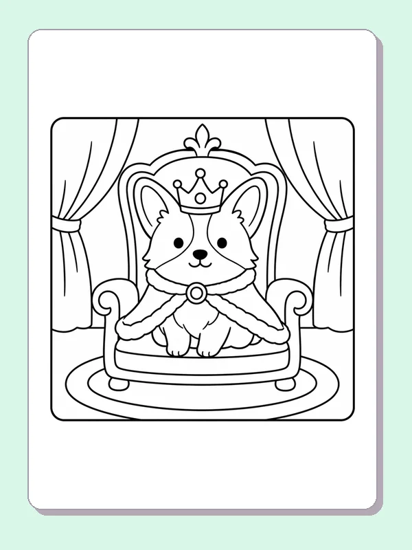 Black and white printable princess corgi on a royal sofa coloring sheet