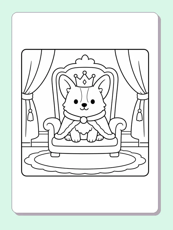 Black and white printable princess corgi on a throne coloring sheet