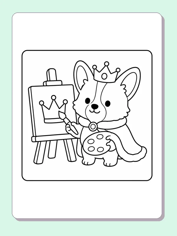 Black and white printable princess corgi painting a crown coloring sheet