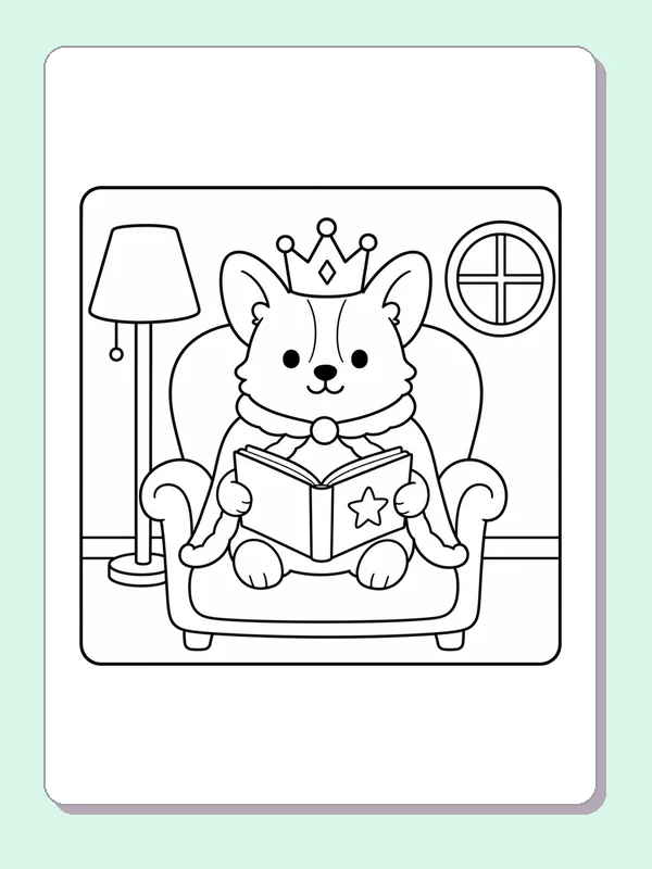 Black and white printable princess corgi reading in an armchair coloring sheet