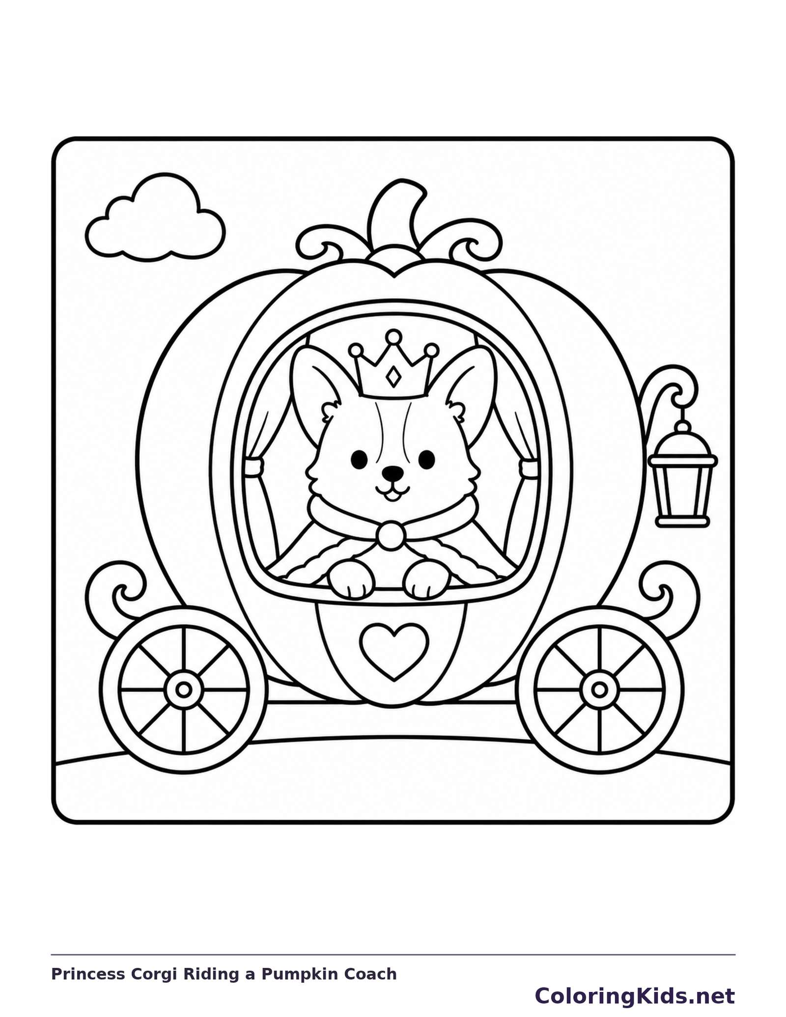 Black and white printable princess corgi riding a pumpkin coach coloring sheet