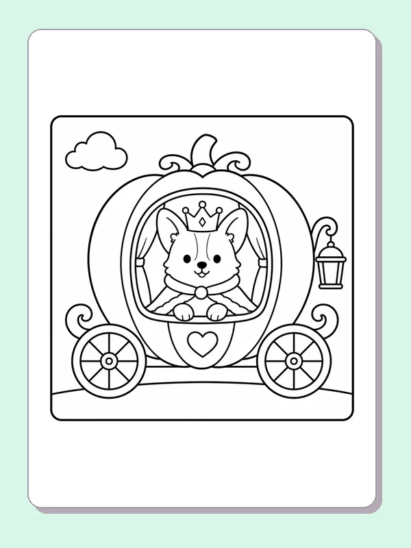 Black and white printable princess corgi riding a pumpkin coach coloring sheet