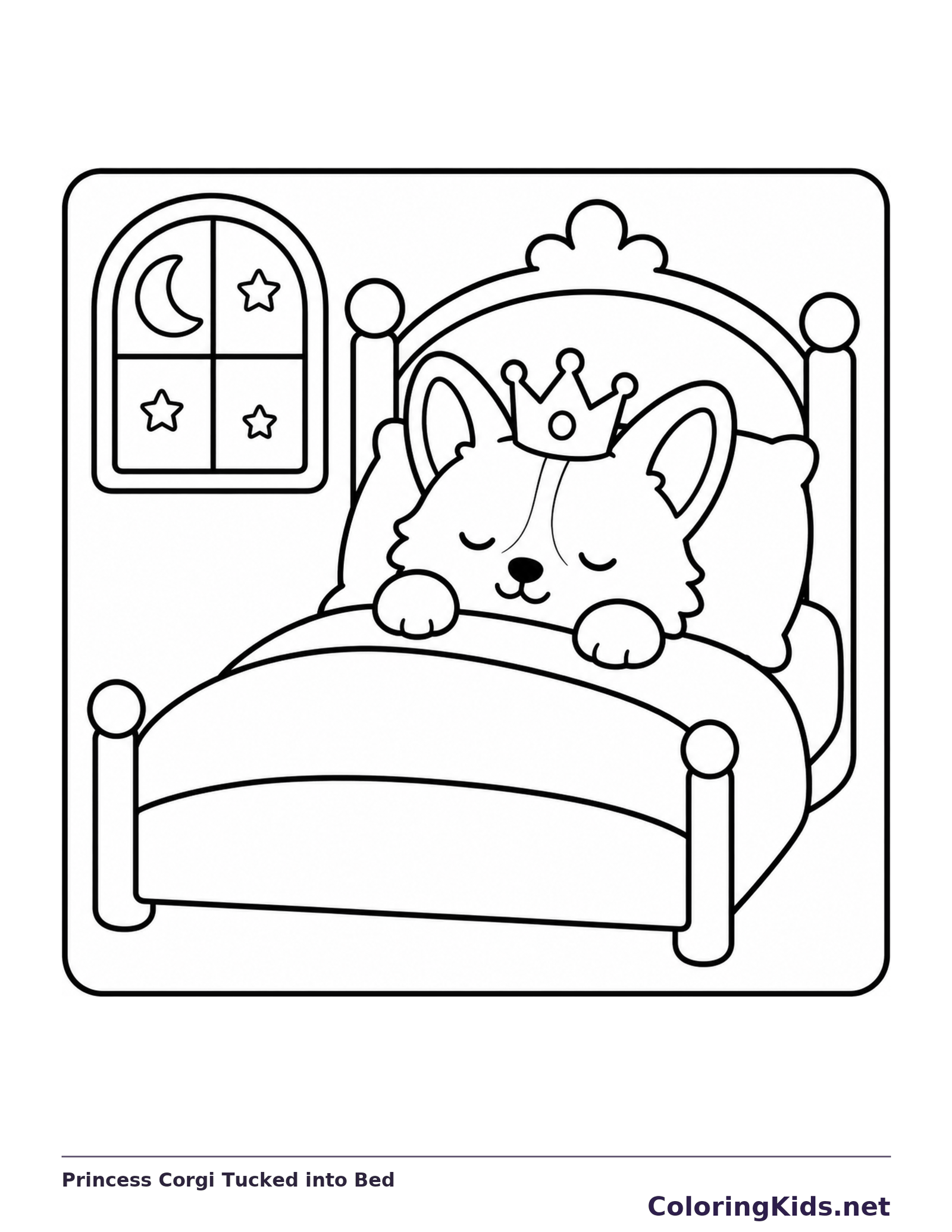 Black and white printable princess corgi tucked into bed coloring sheet