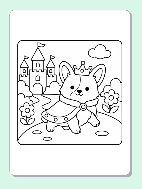 Black and white printable princess corgi walking to the castle coloring sheet