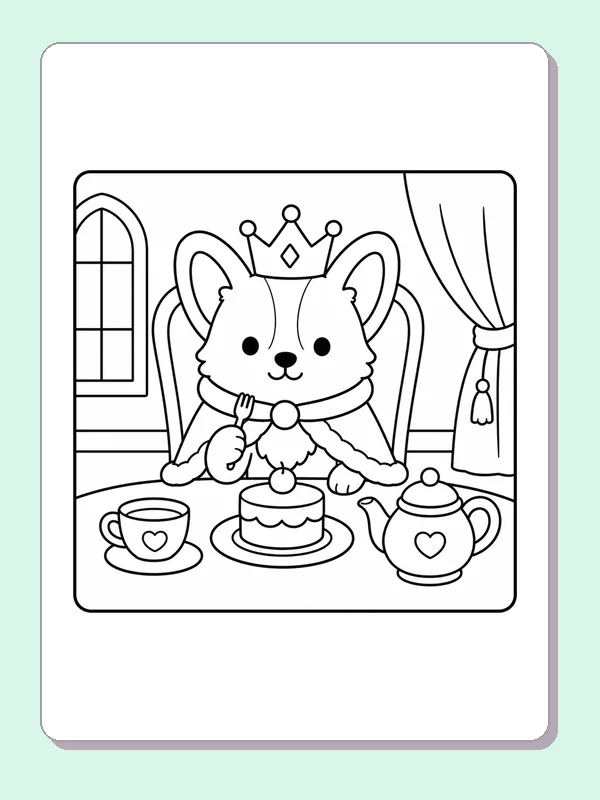 Black and white printable princess corgi with cake and tea coloring sheet