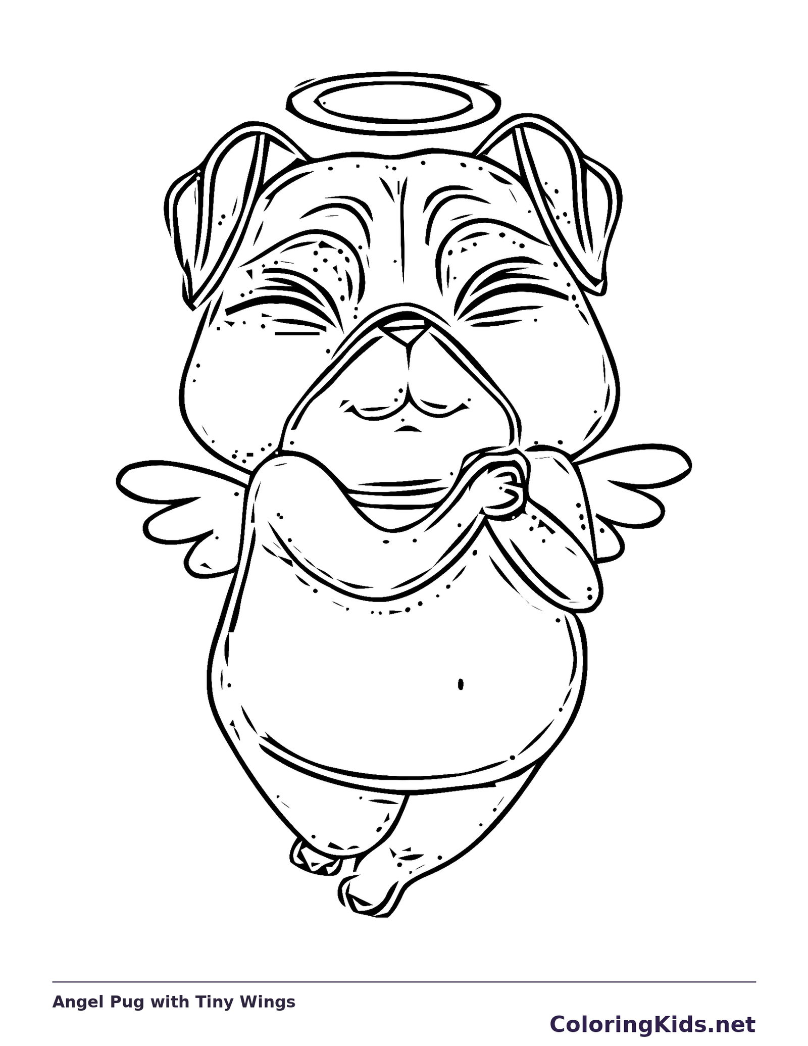 Black and white printable angel pug with tiny wings coloring sheet