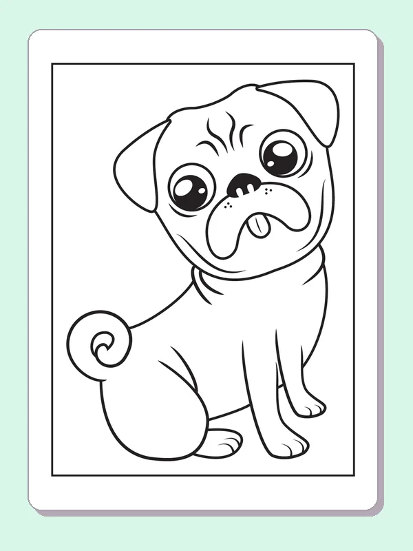 Black and white printable curious seated pug coloring sheet