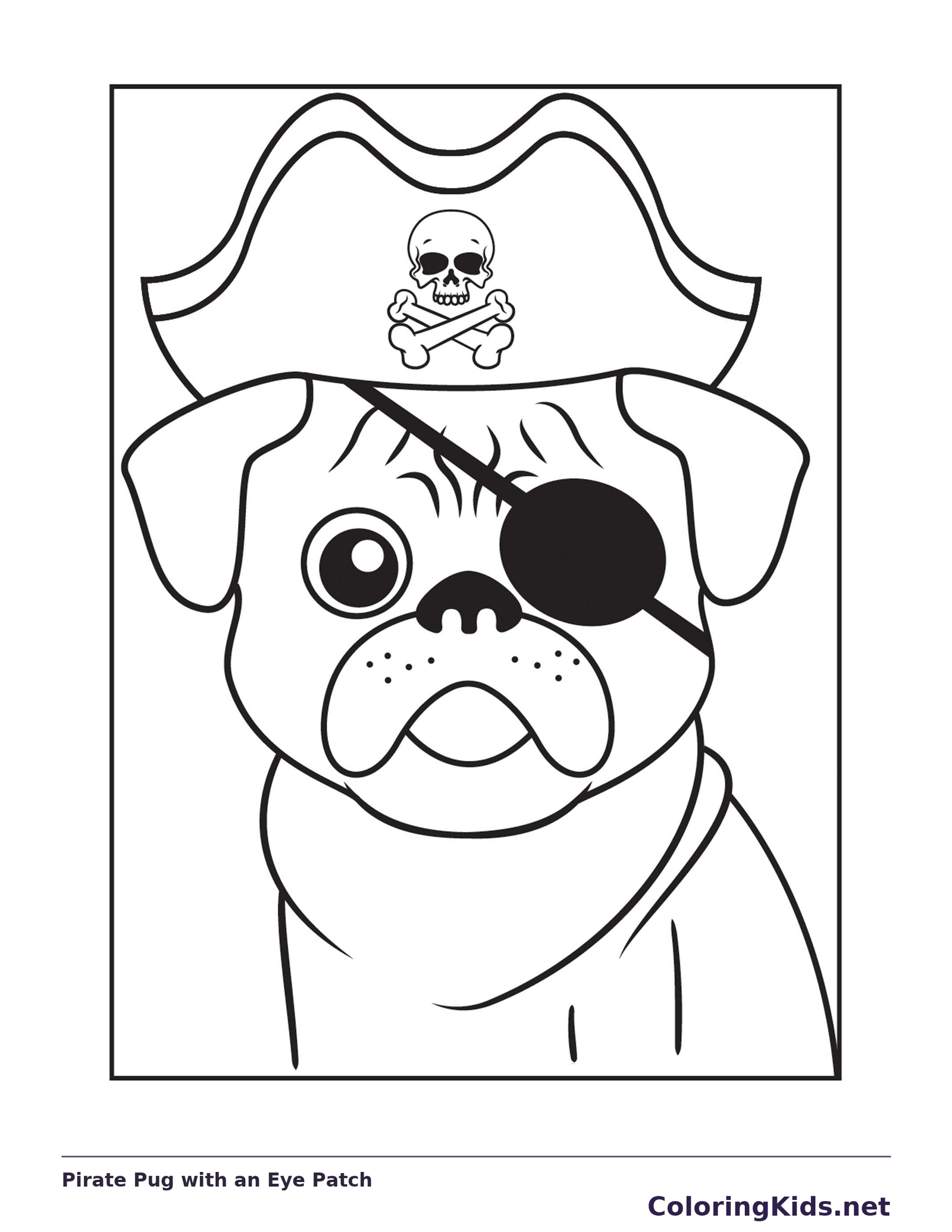 Black and white printable pirate pug with an eye patch coloring sheet