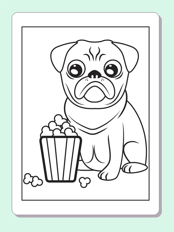 Black and white printable pug beside a bucket of popcorn coloring sheet