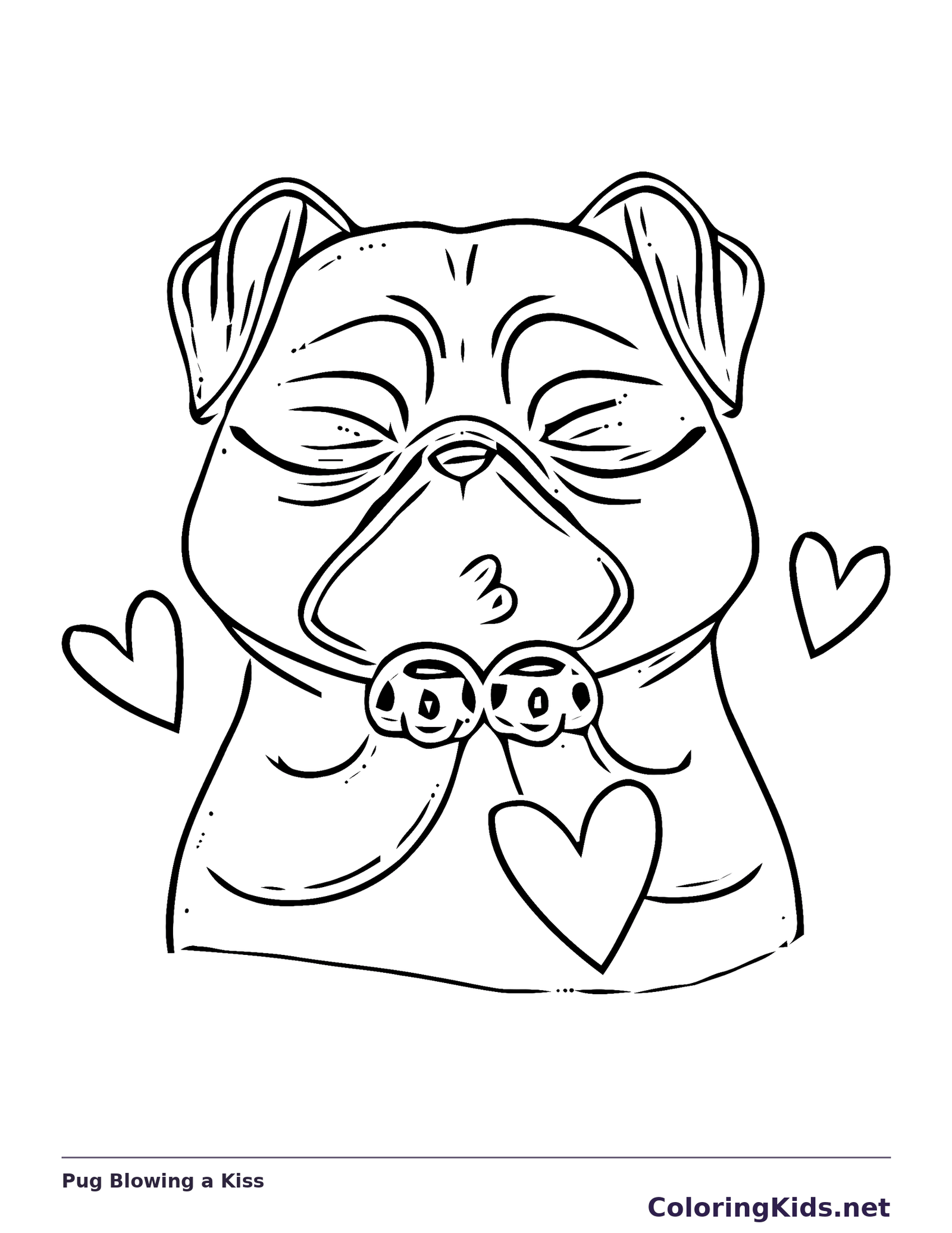 Black and white printable pug blowing a kiss coloring sheet