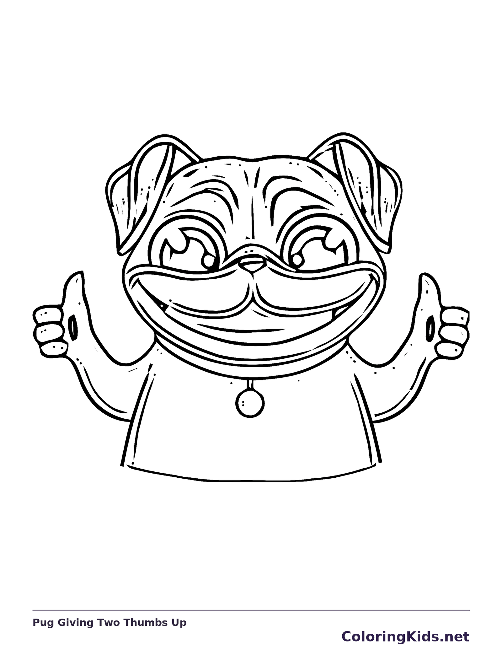 Black and white printable pug giving two thumbs up coloring sheet
