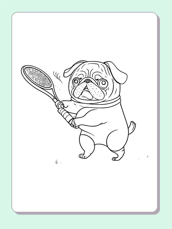 Black and white printable pug holding a tennis racket coloring sheet