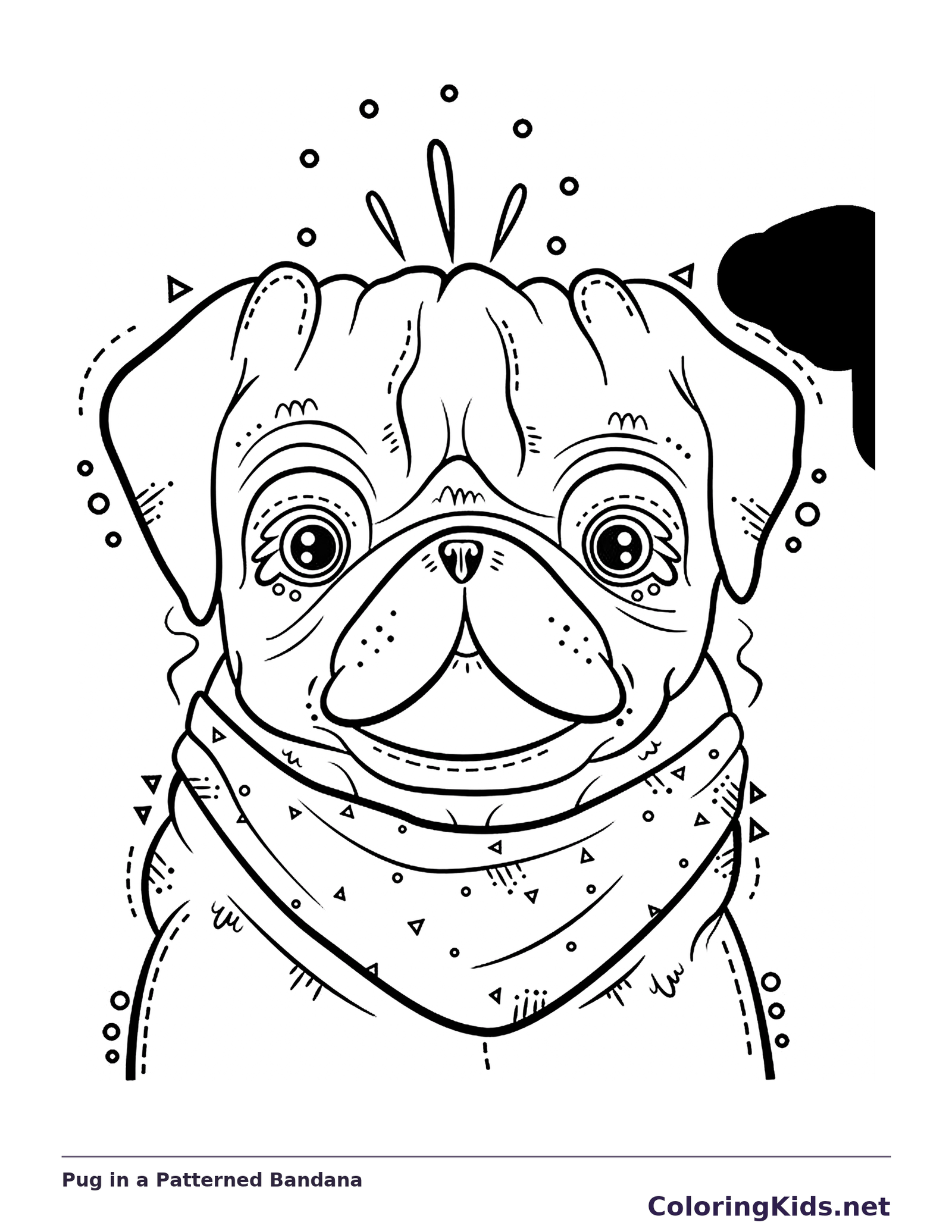 Black and white printable pug in a patterned bandana coloring sheet