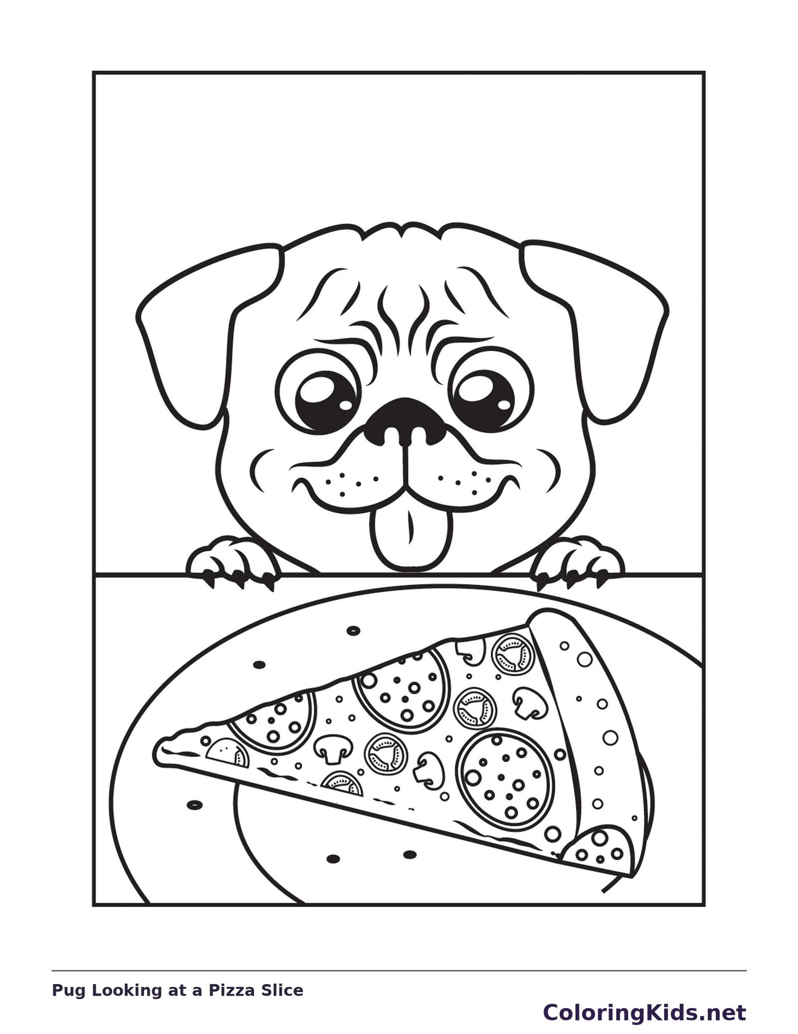 Black and white printable pug looking at a pizza slice coloring sheet