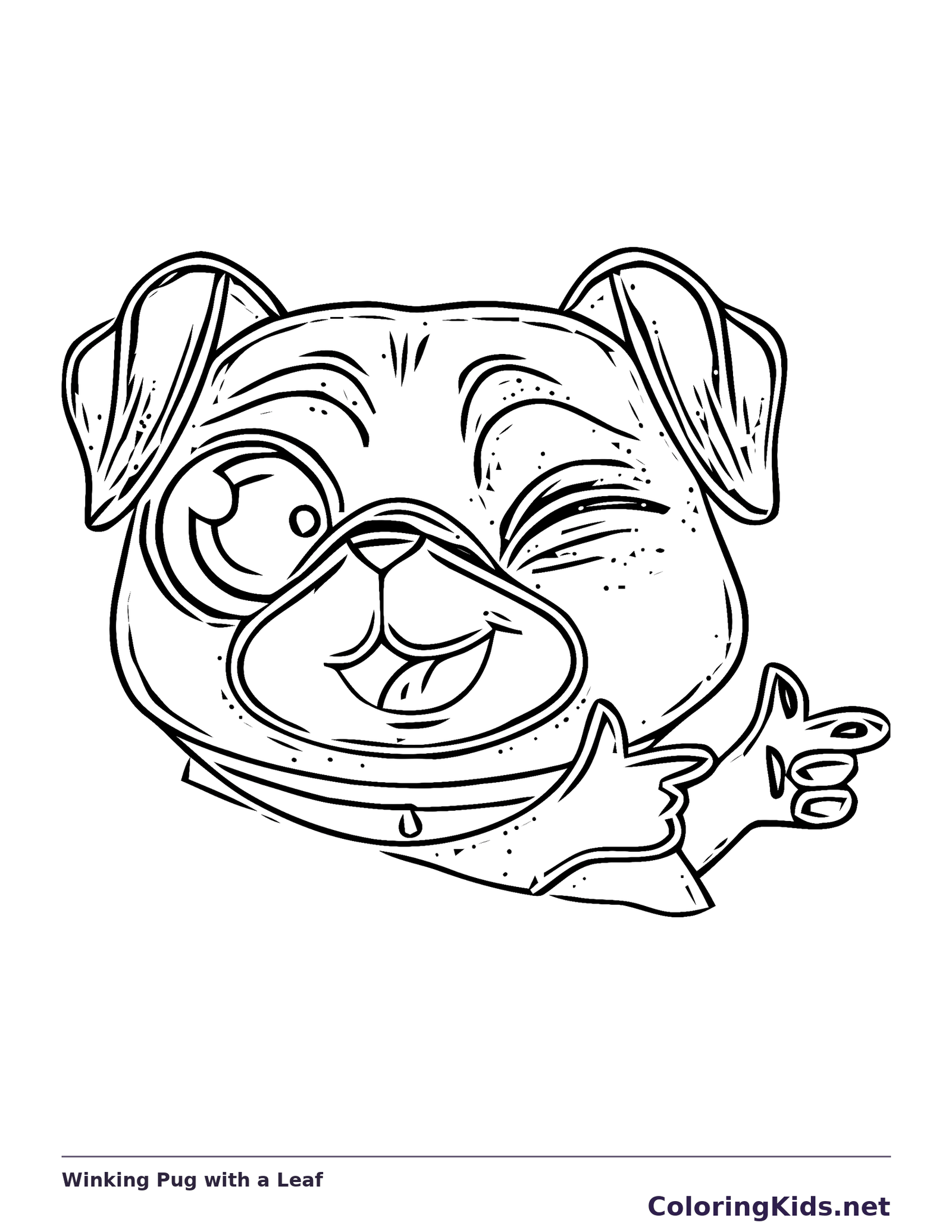 Black and white printable winking pug with a leaf coloring sheet