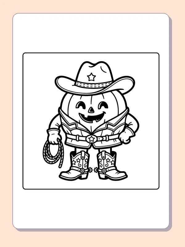 Cowboy Pumpkin coloring page, black and white printable line art