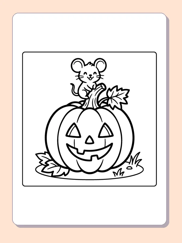 Mouse on a Jack-o'-Lantern coloring page, black and white printable line art