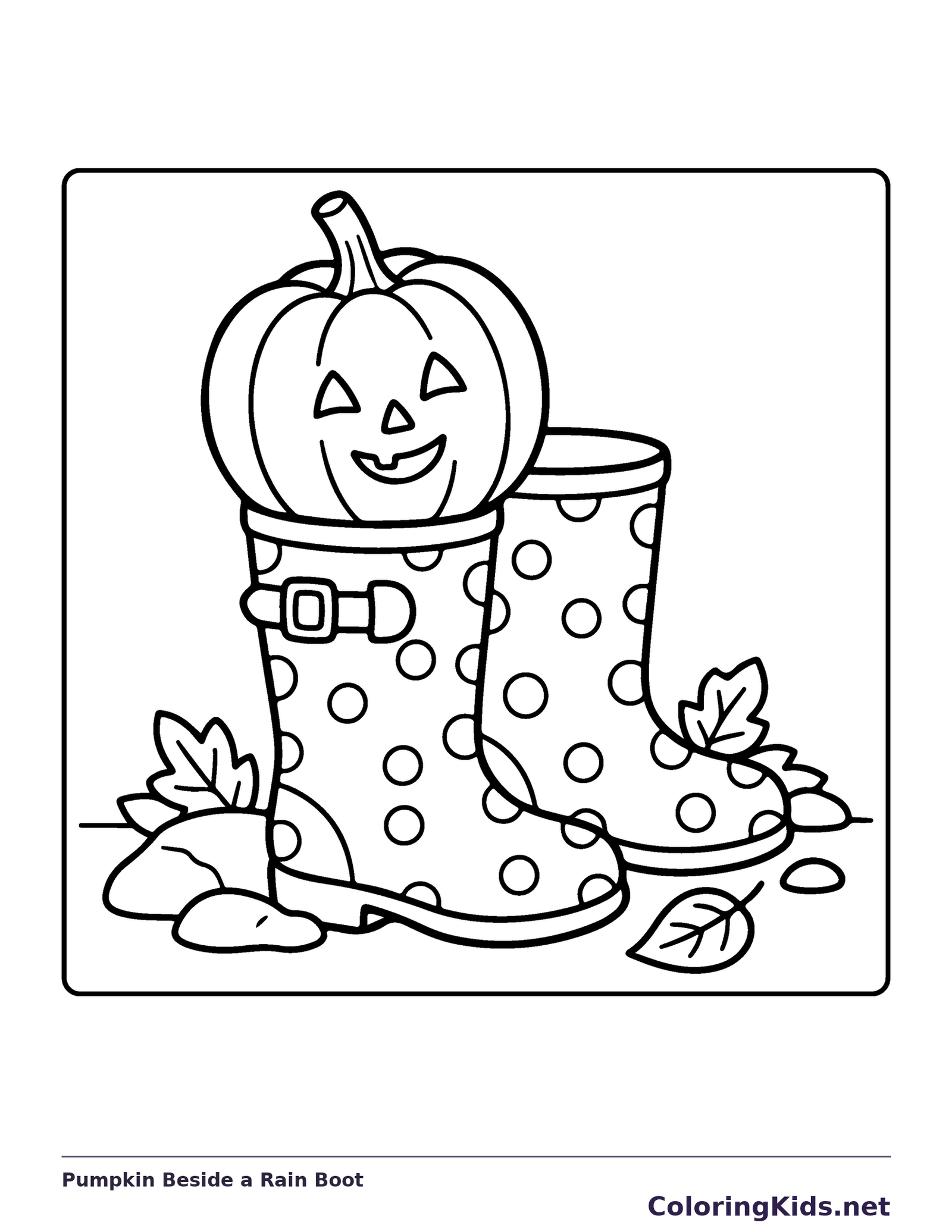 Pumpkin Beside a Rain Boot coloring page, black and white printable line art