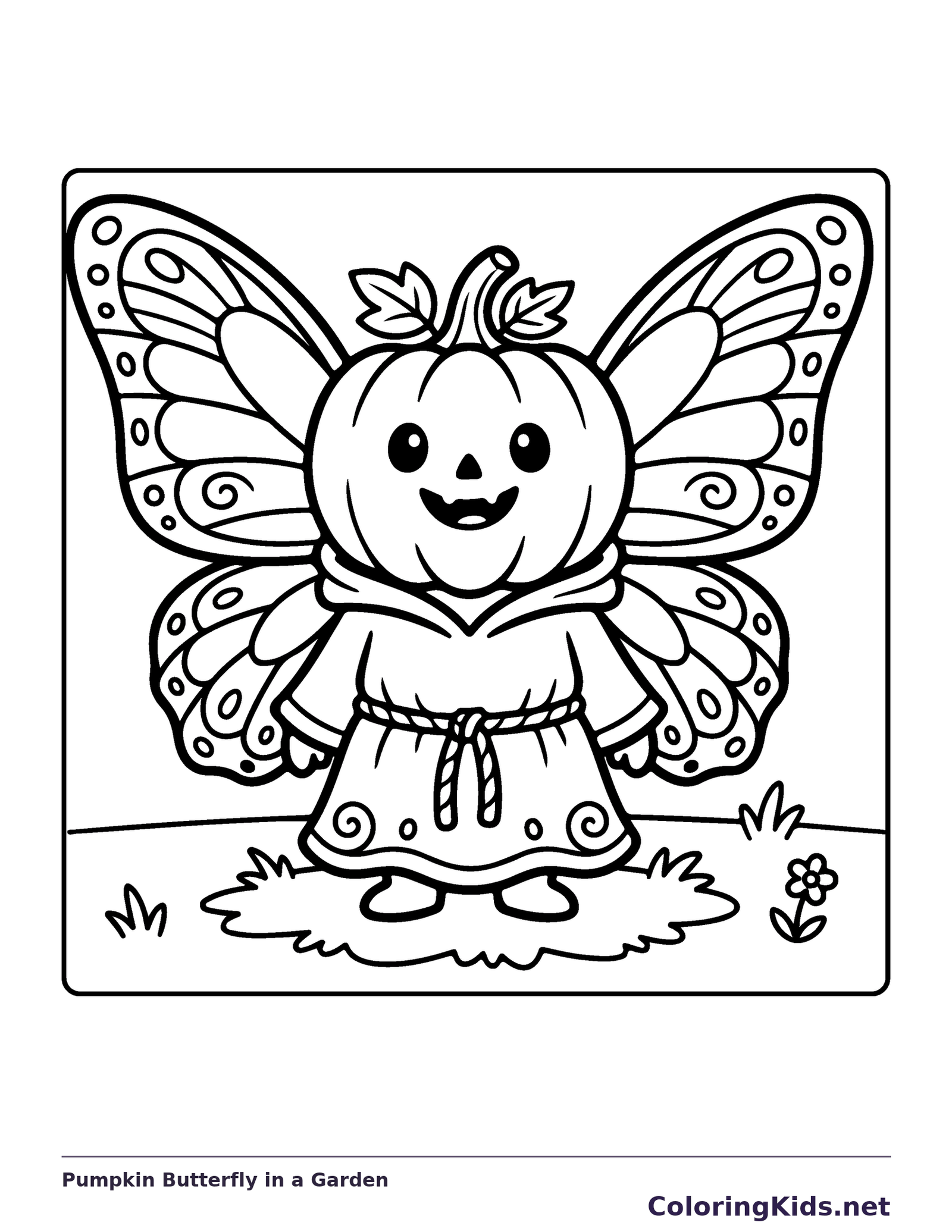 Pumpkin Butterfly in a Garden coloring page, black and white printable line art