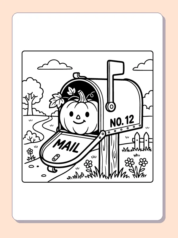 Pumpkin by a Mailbox coloring page, black and white printable line art