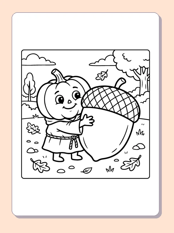 Pumpkin Carrying a Giant Acorn coloring page, black and white printable line art