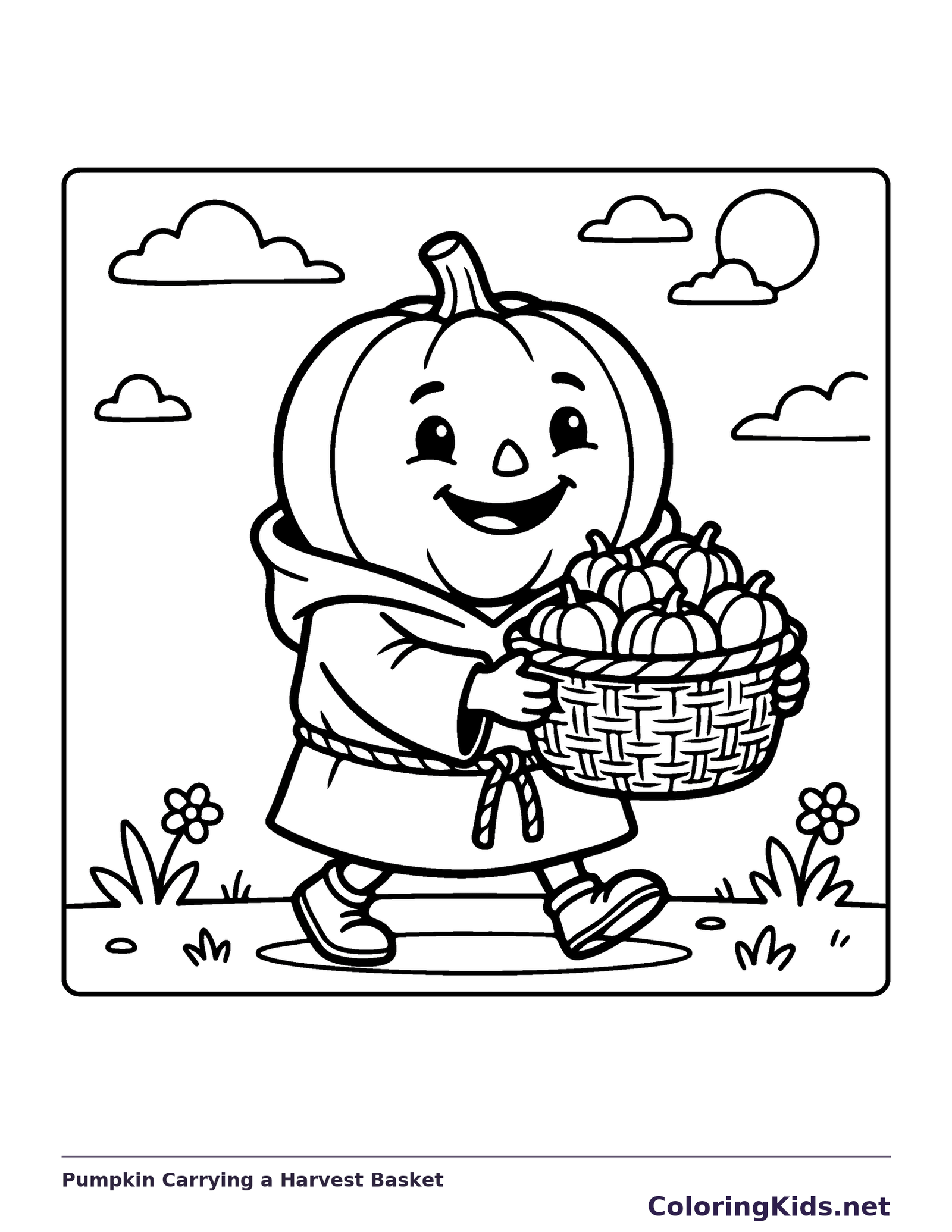 Pumpkin Carrying a Harvest Basket coloring page, black and white printable line art
