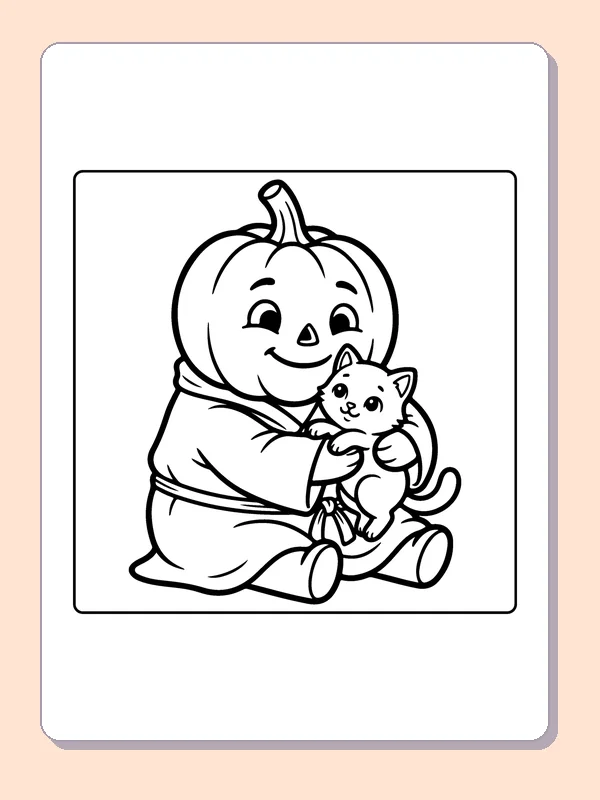 Pumpkin Cuddling a Kitten coloring page, black and white printable line art