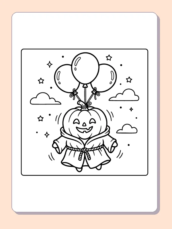 Pumpkin Floating with Balloons coloring page, black and white printable line art