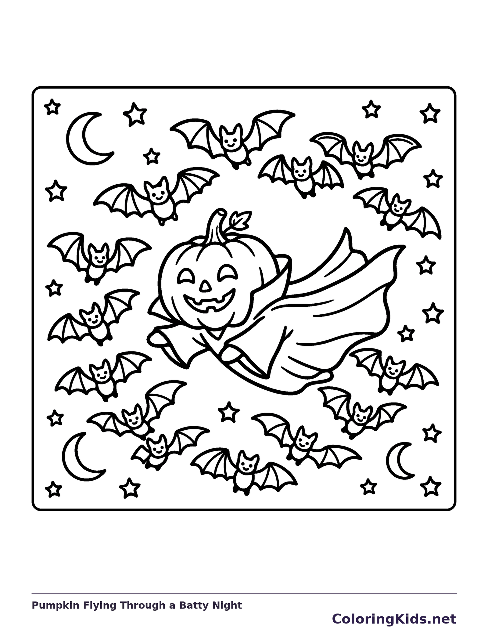 Pumpkin Flying Through a Batty Night coloring page, black and white printable line art